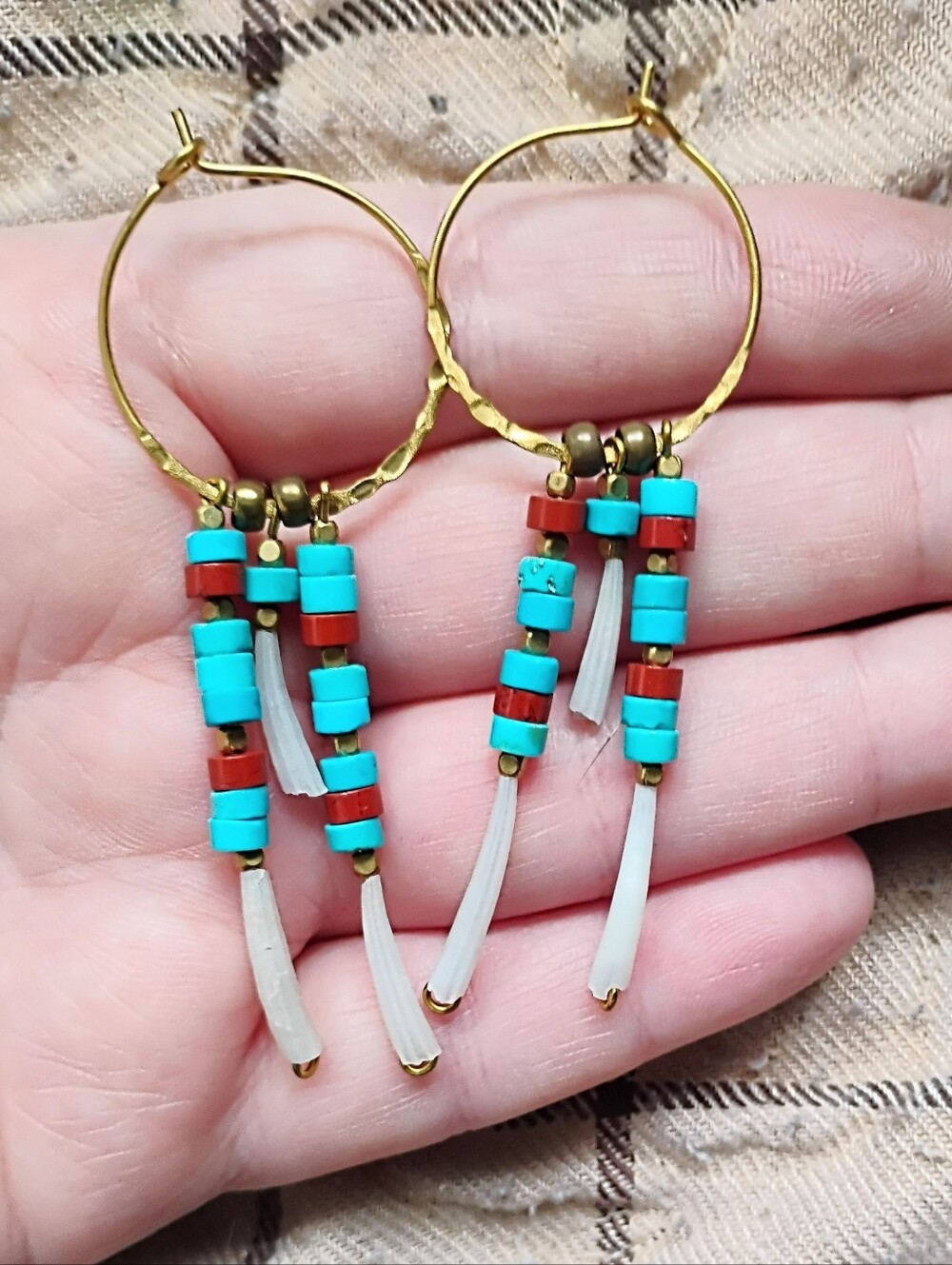 Handmade Turquoise, Red Jasper, and Tusk Shell Dangle Hoops